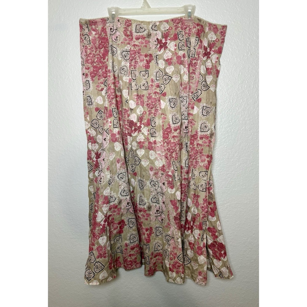 Floral Long A-Line Skirt Beige Pink White Cotton Size 14 by JM Collection